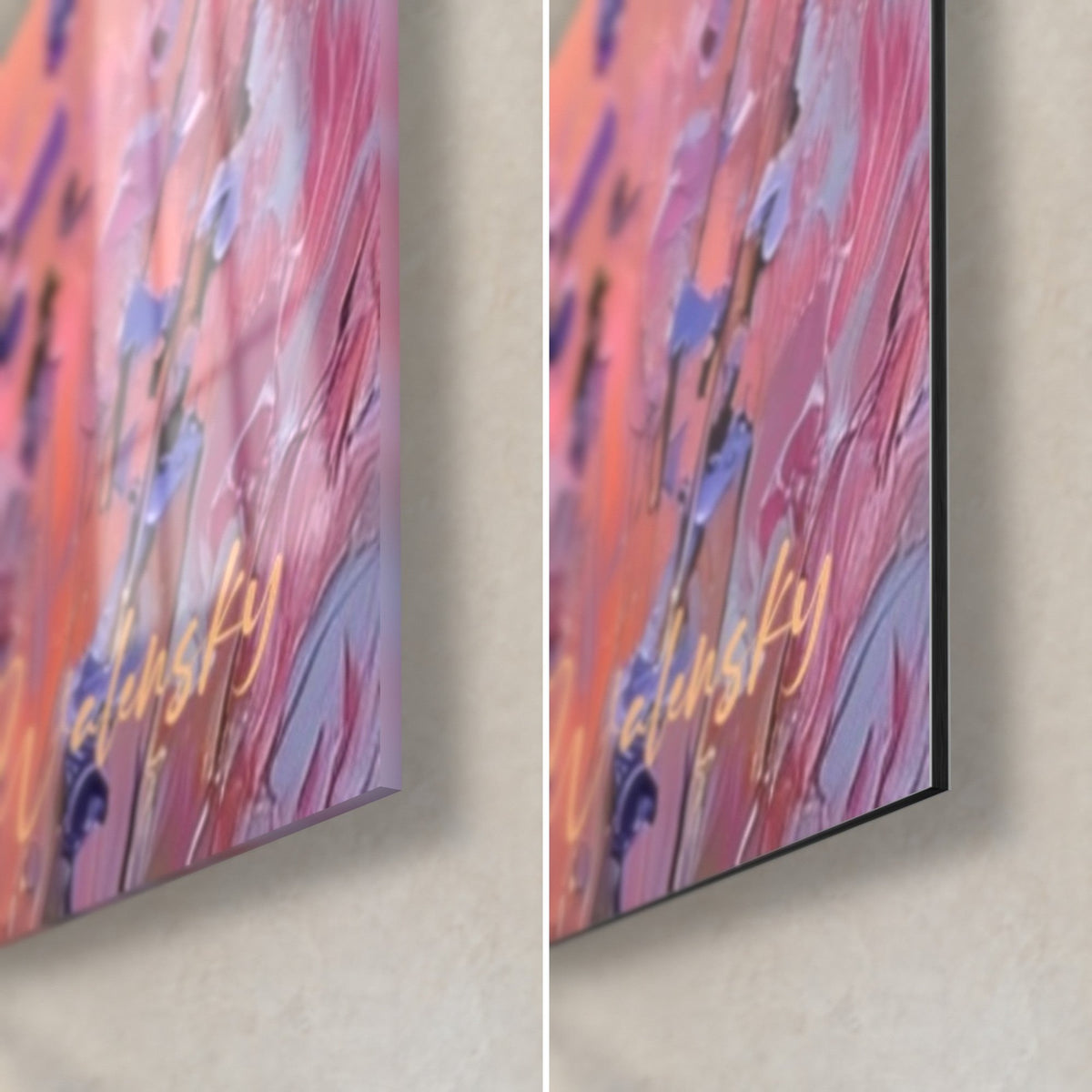Quadro lavande in impasto viola e rosa cipria, angolo in basso a destra, vetro lucido a sinistra, Dibond nero opaco a destra, spessore 3 mm