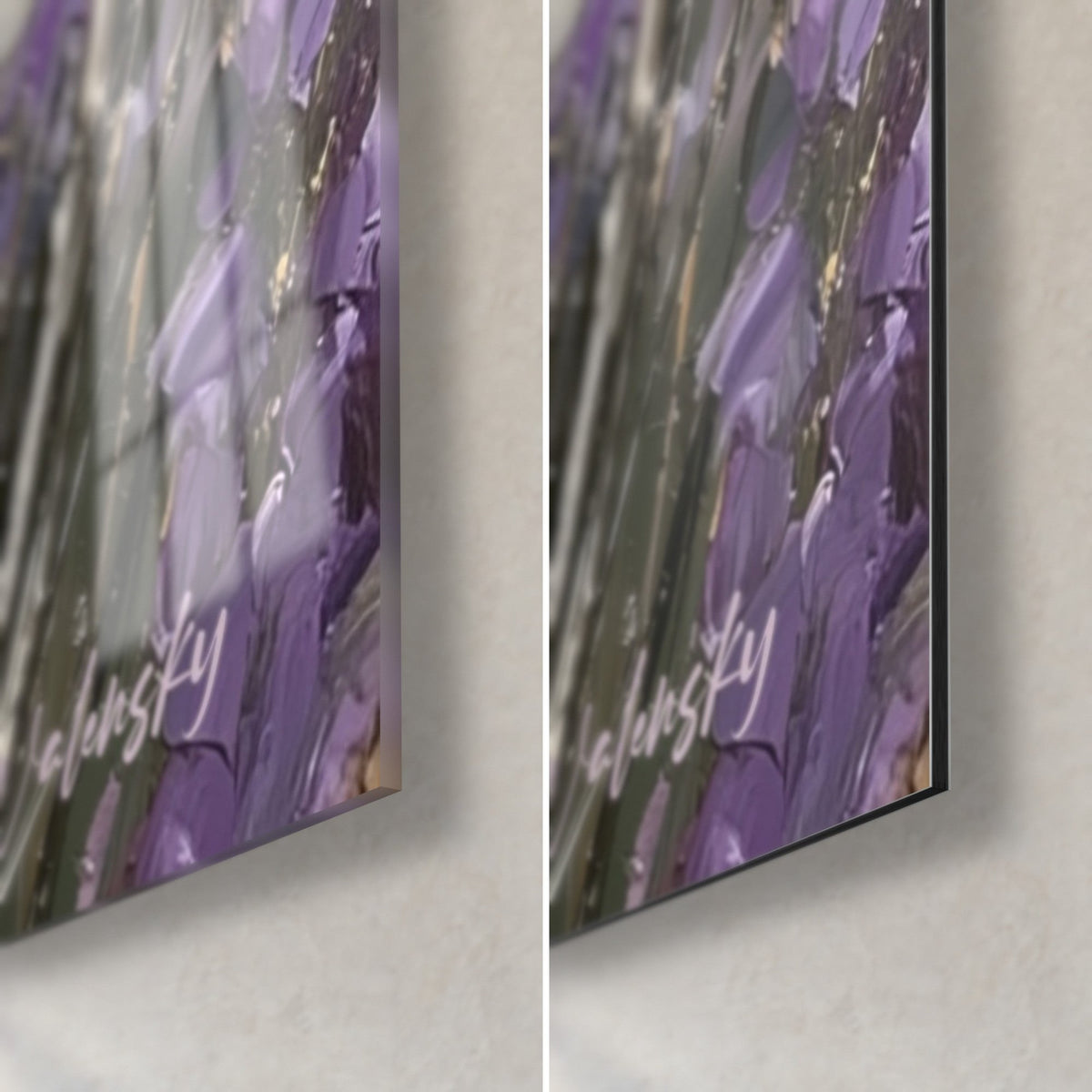 Quadro lavanda viola in rilievo, angolo in basso a destra: vetro acrilico lucido a sinistra, alluminio Dibond opaco a destra, bordo da 3 mm