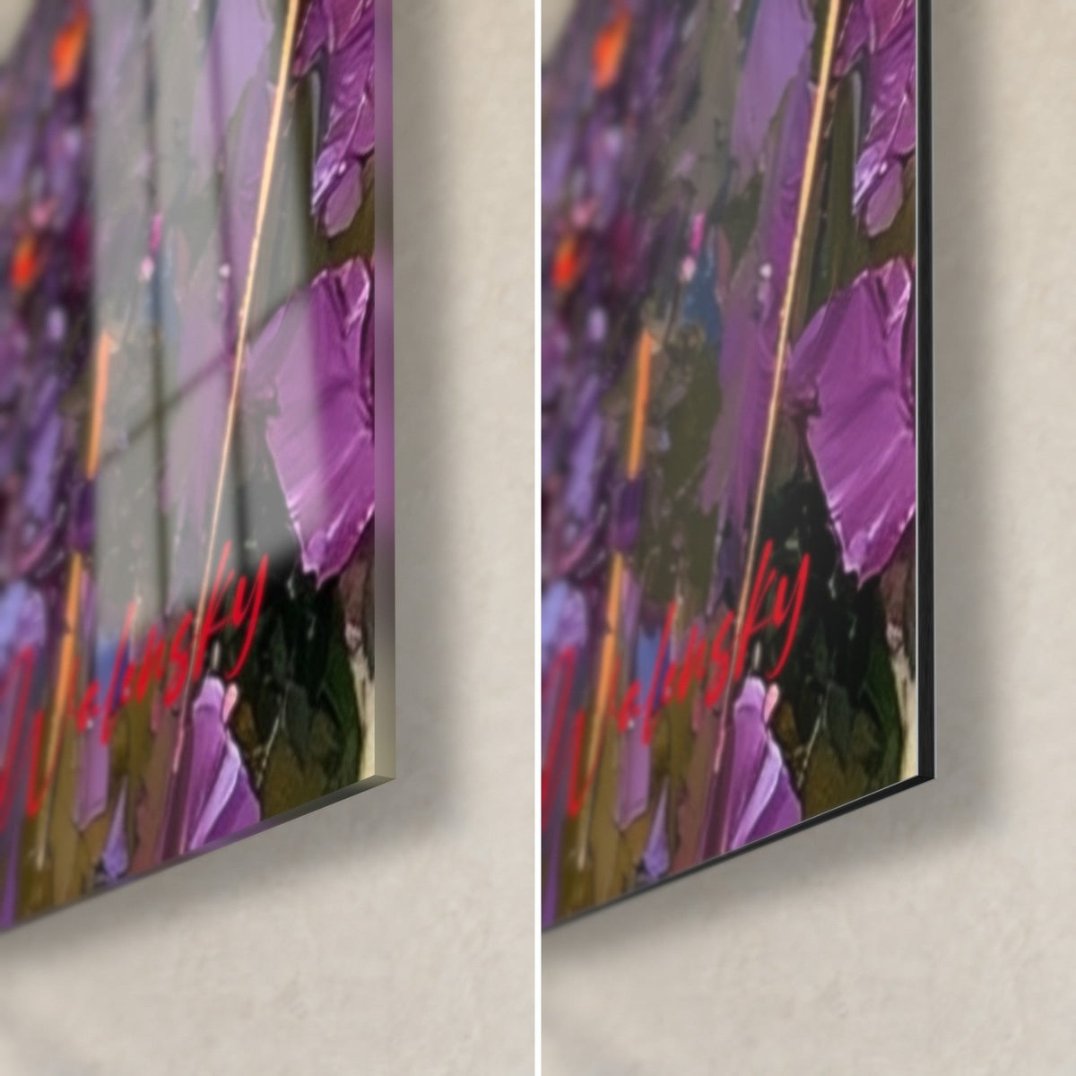 Gemälde Lavendelfeld in dickem Farbauftrag, violette Blütenblätter und rote Striche, untere rechte Ecke aus glänzendem Glas und mattem Dibond