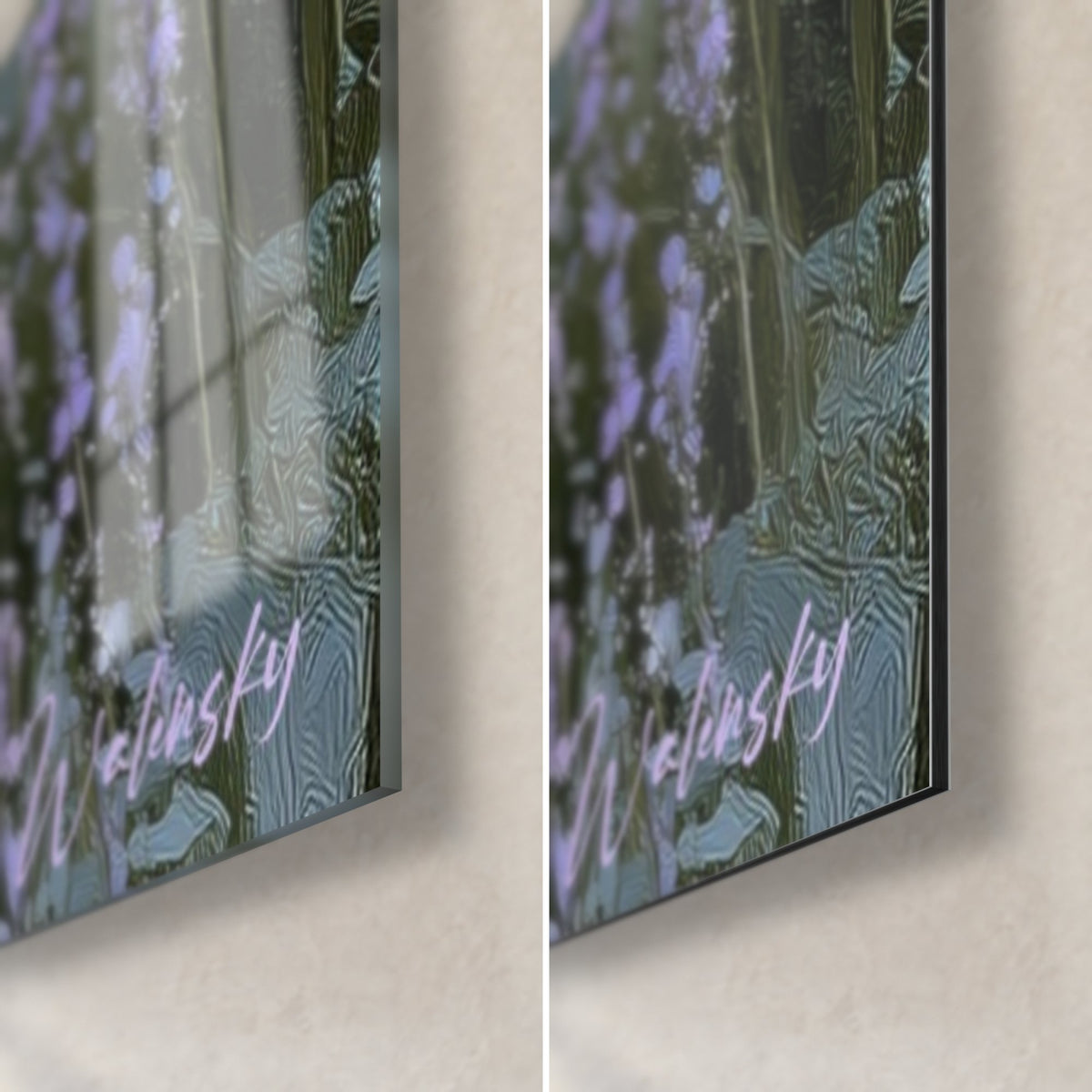 Wall art lavender path in mauve and sage green, bottom right corner: glossy glass with reflections, matte black Dibond, pink Walensky signature