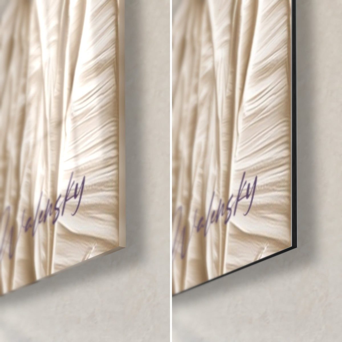 Wall art with sculpted violet lavender spikes, bottom-right corner: glossy acrylic glass on the left, matte black Dibond on the right, 3 mm edge