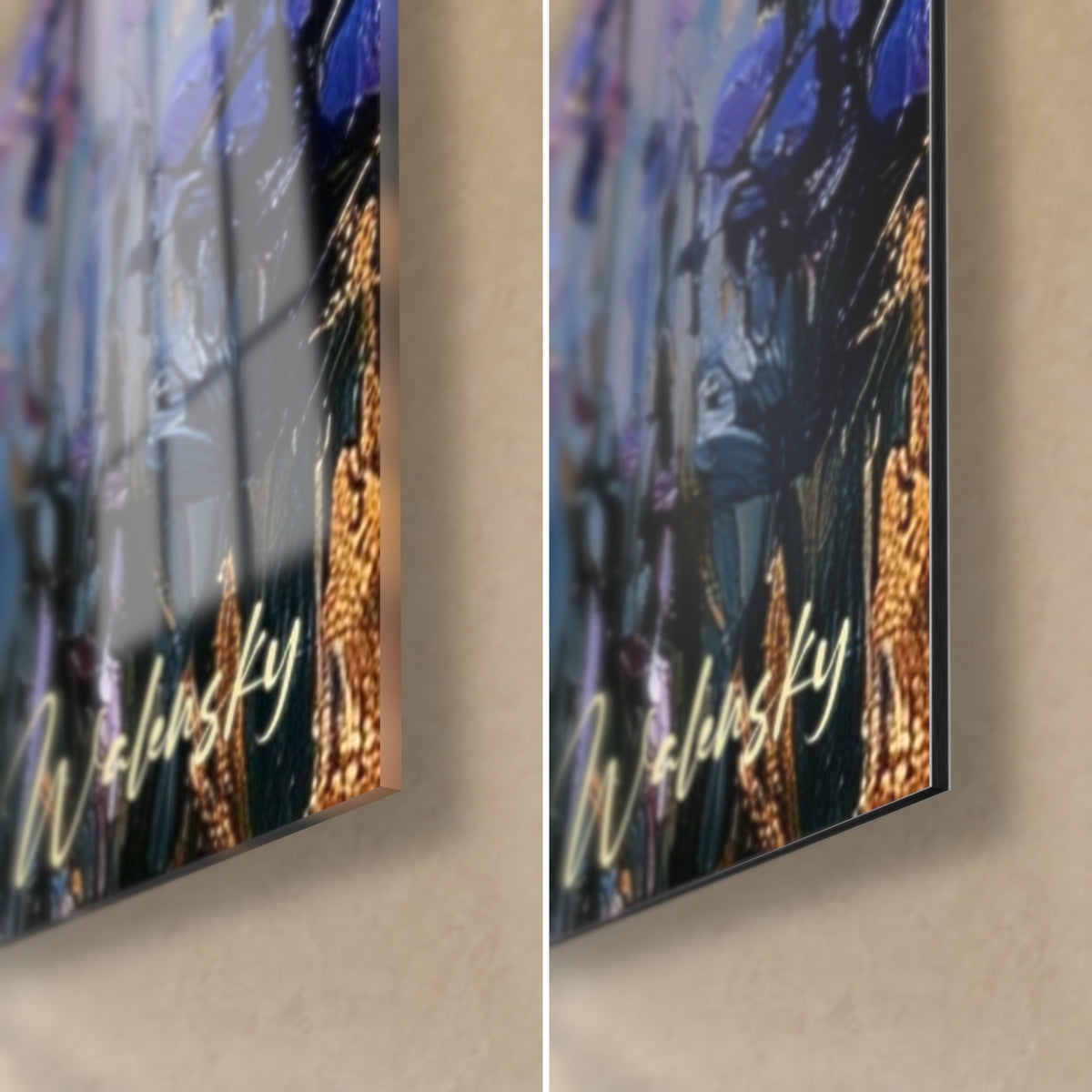 Wall art lavender field in indigo and gold, bottom right corner: glossy glass on the left, matte Dibond on the right, 3 mm edge
