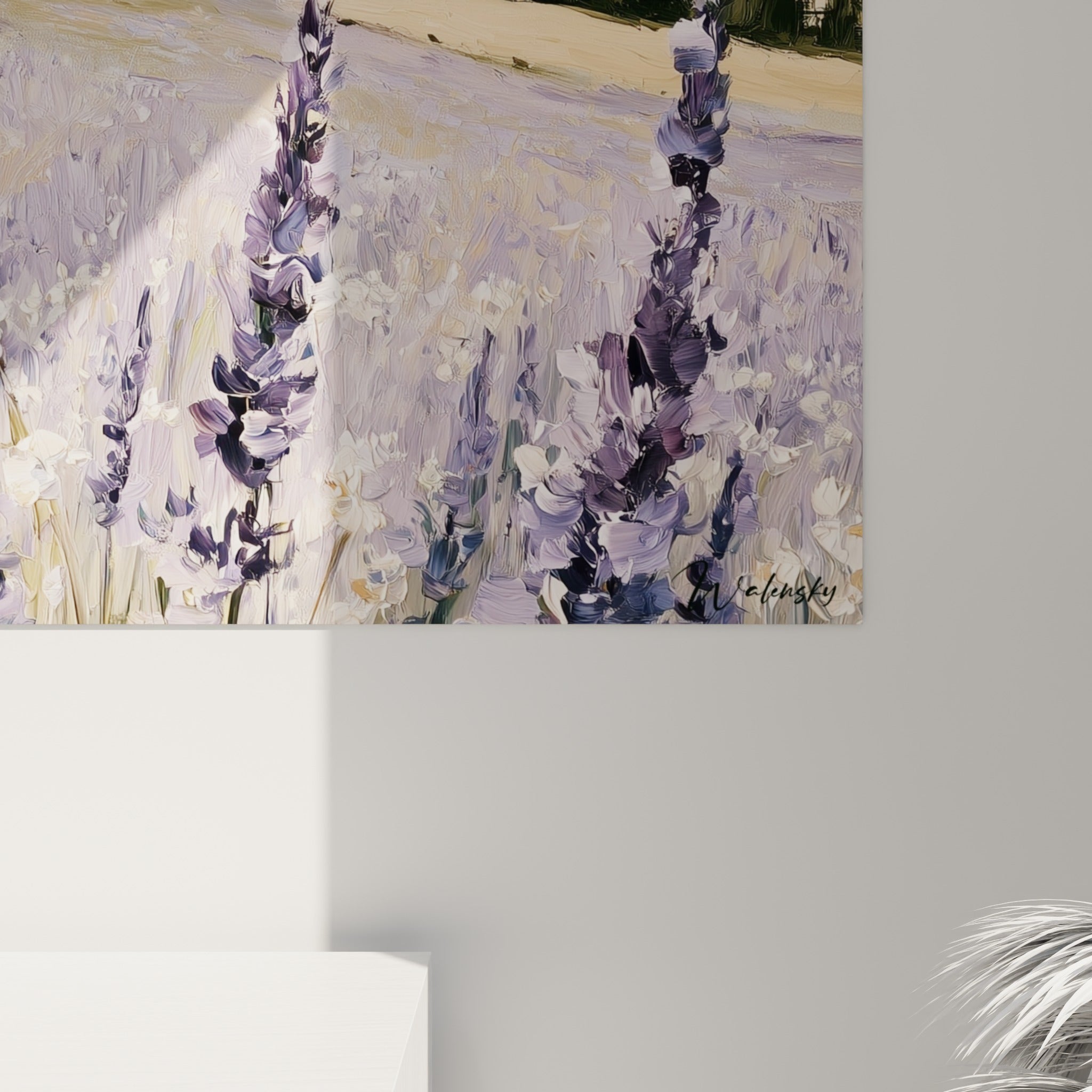 Détail des empâtements violets et blancs sur la toile, matière épaisse et coulures visibles de près