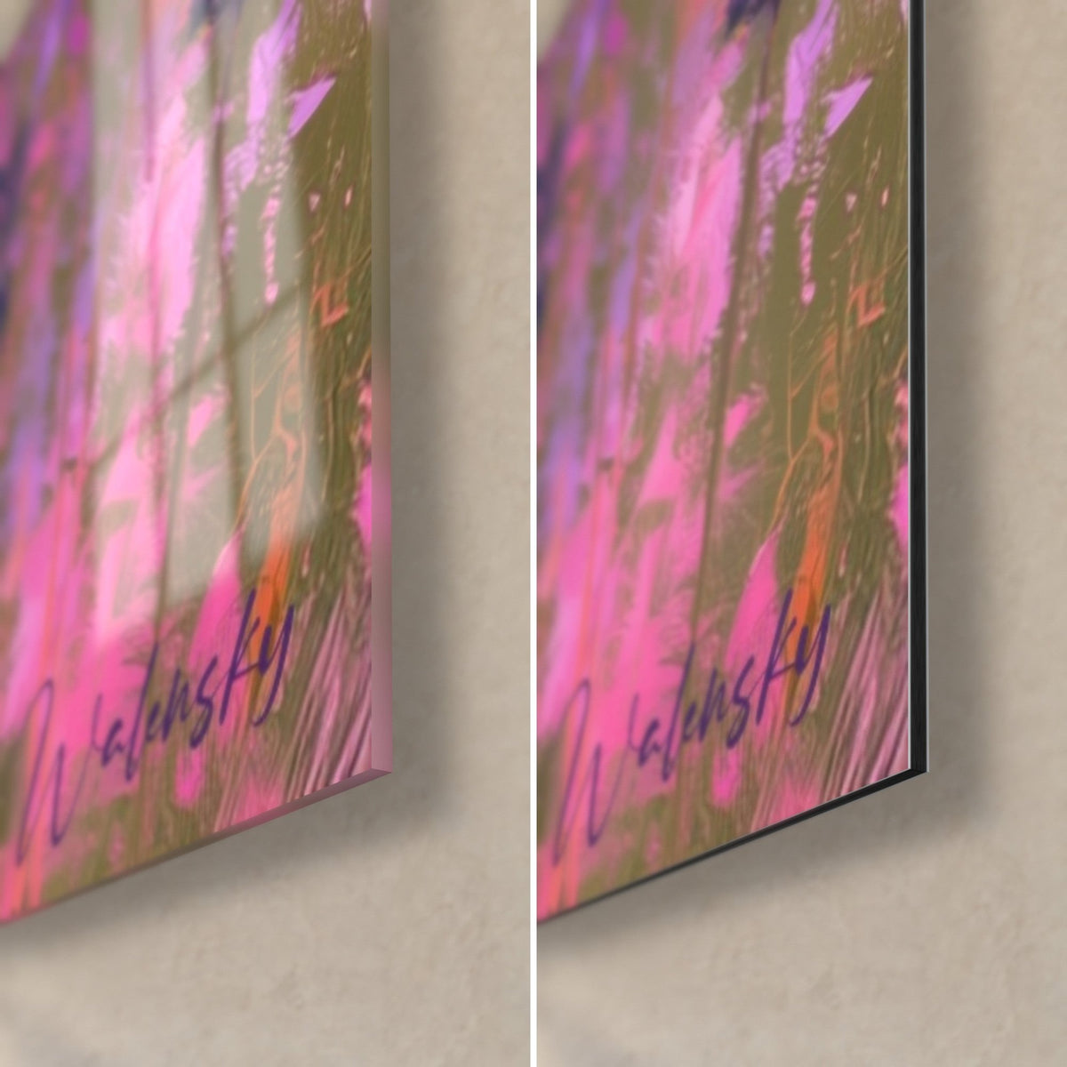 Wall art lavender in violet and fuchsia pink, bottom right corner, glossy acrylic glass on the left, matte Dibond aluminium on the right, 3 mm edge