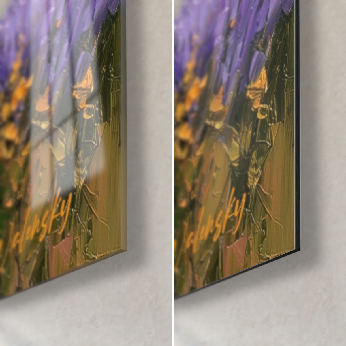 Wall art lavender field in thick impasto, bottom right corner: glossy glass reflections, matte Dibond aluminium, orange signature, 3 mm edge
