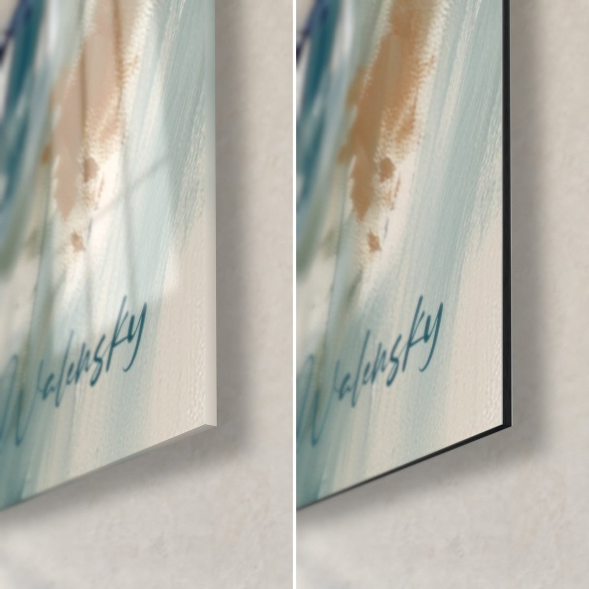 Quadro di lavanda dipinta con pennellate turchese e arancio sabbia, firma Walensky, vetro lucido e Dibond opaco