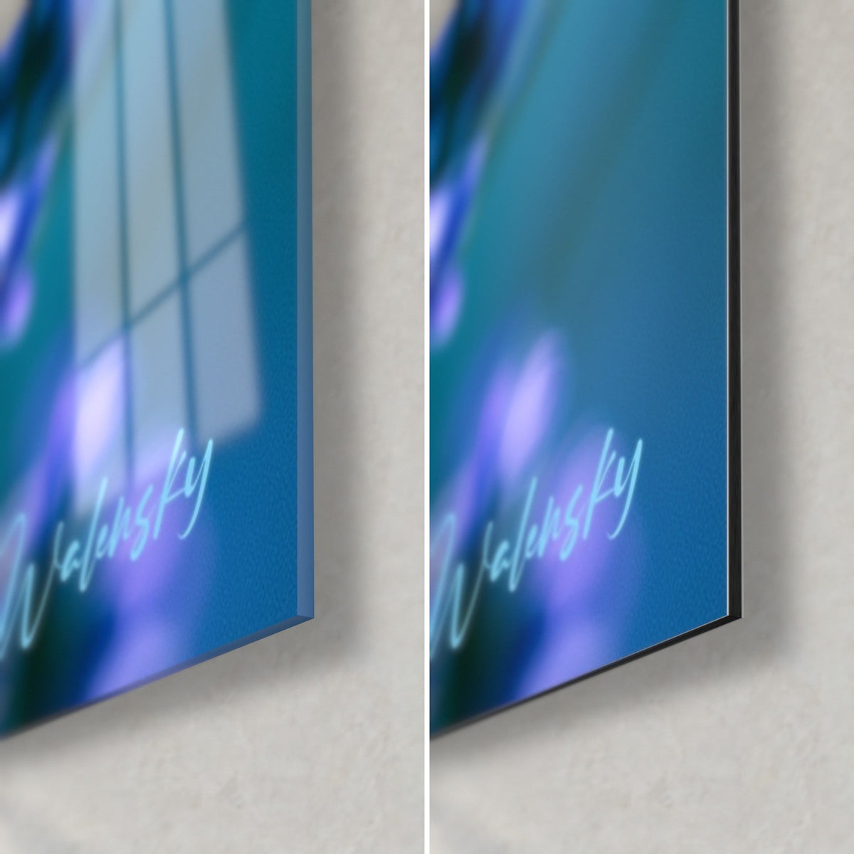 Wall art cobalt blue and lilac lavender flowers, bottom-right corner in glossy glass on the left and matte Dibond on the right, 3 mm edge