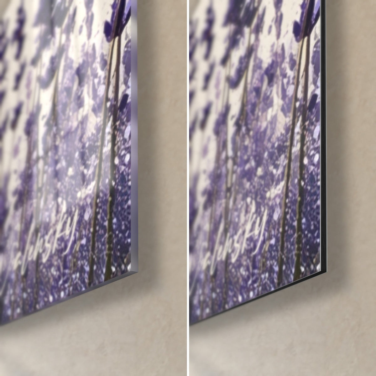 Cuadro de espigas de lavanda violeta, esquina inferior derecha: cristal acrílico brillante que refleja la luz, aluminio Dibond negro mate, canto de 3 mm