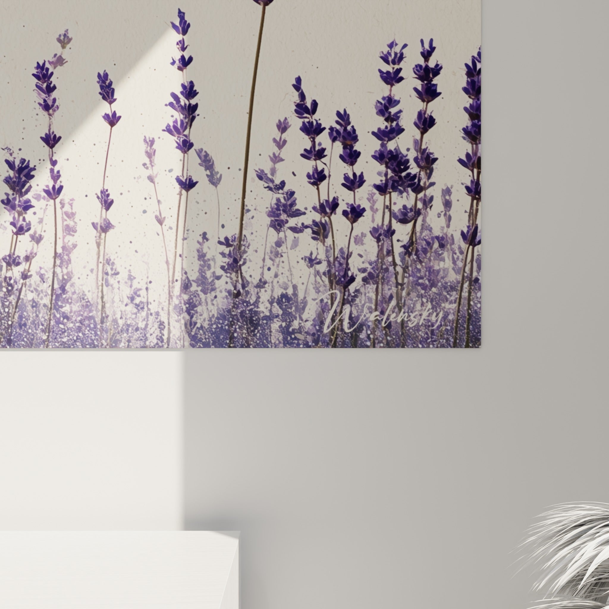 Détail des éclaboussures violettes et du grain ivoire de la toile, empâtements visibles sur la lavande