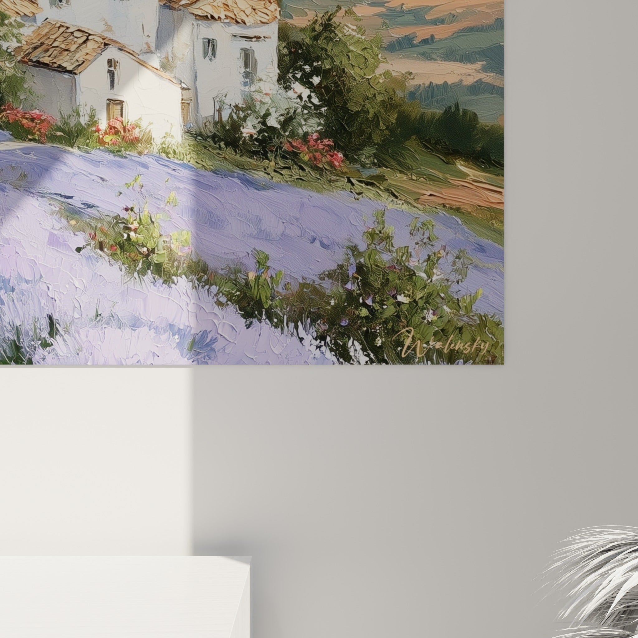 Empâtements violets et touches ocre du toit visibles de près, matière épaisse et coulures de peinture à l'huile