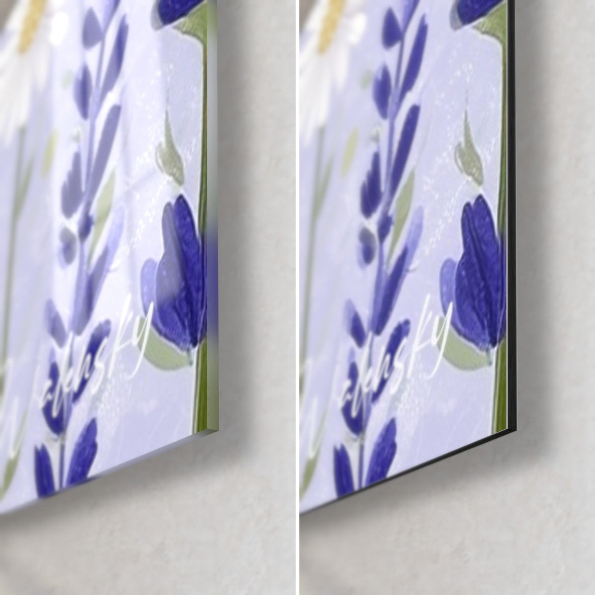 Wall art with an indigo lavender spike on a lilac background, bottom right corner, glossy acrylic glass on the left, matte Dibond aluminium on the right, 3 mm thickness
