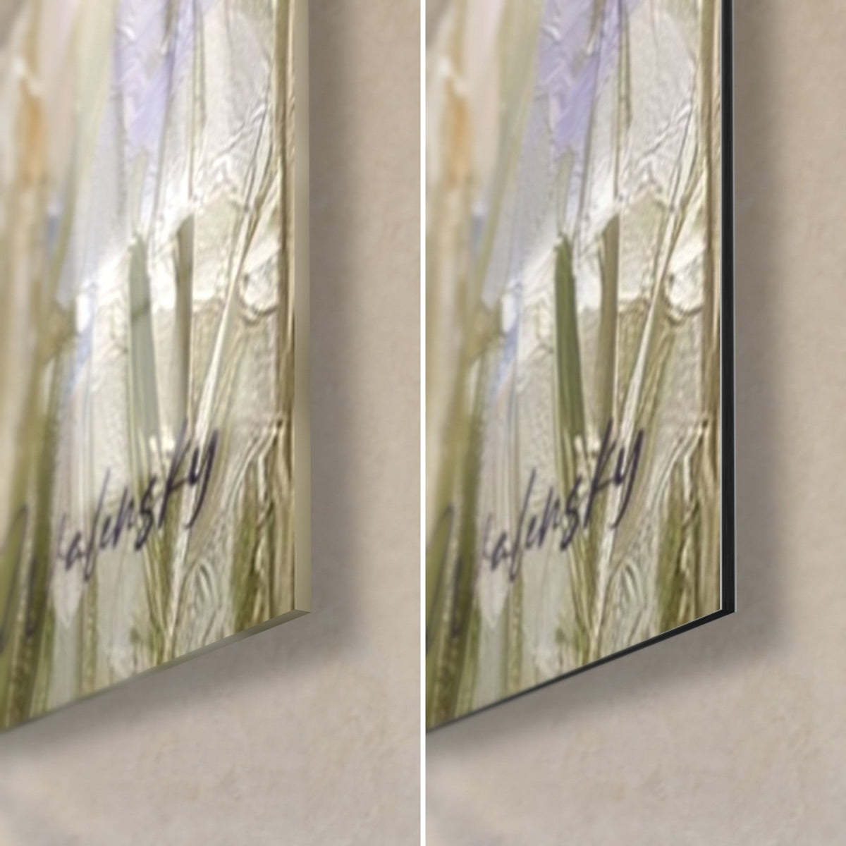 Quadro mazzo di lavanda selvatica, angolo in basso a destra: vetro acrilico lucido con riflessi, alluminio Dibond opaco, bordo nero da 3 mm
