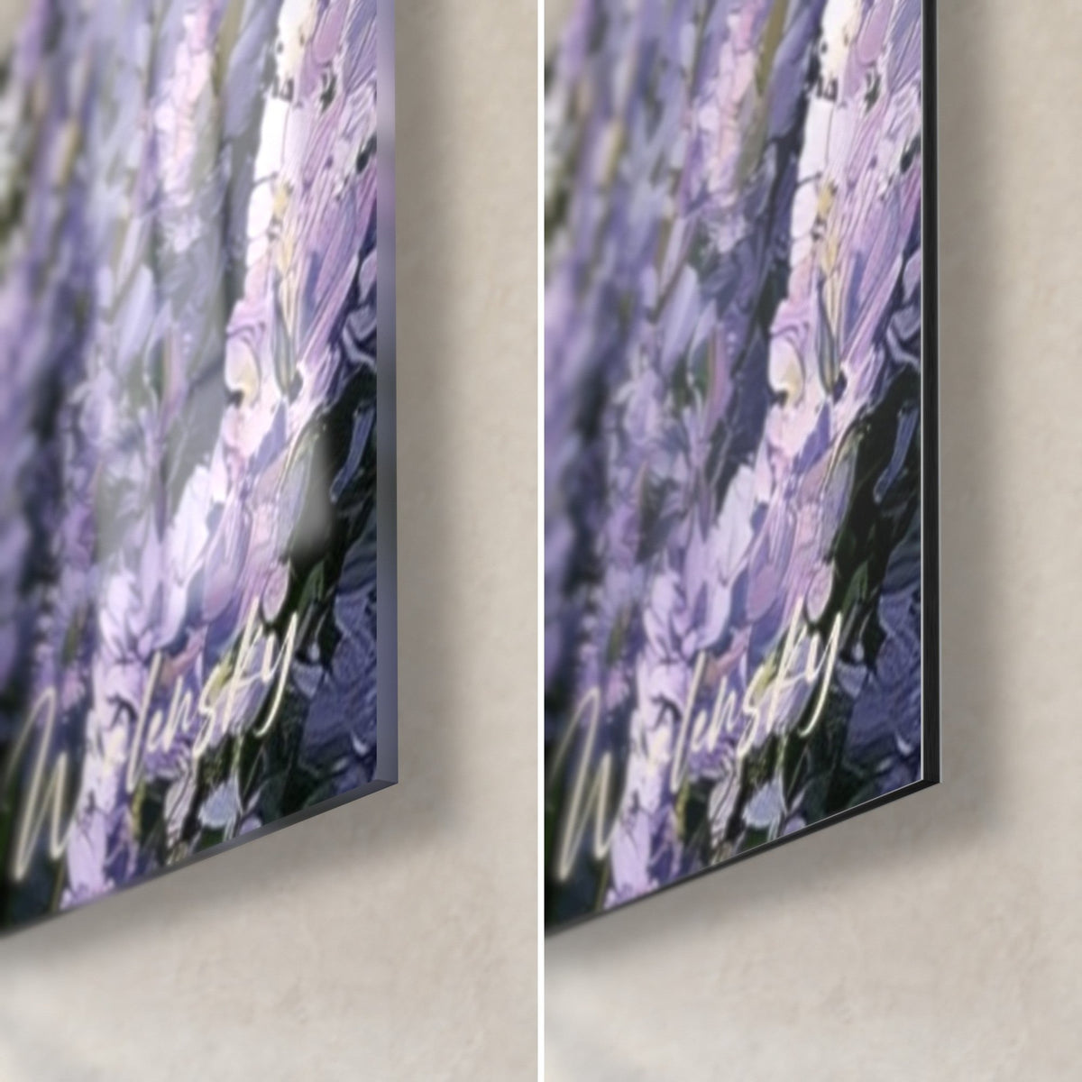 Gemälde mit lilafarbenen Lavendelähren, untere rechte Ecke: glänzendes Acrylglas links, mattschwarzes Alu-Dibond rechts, 3 mm Kante
