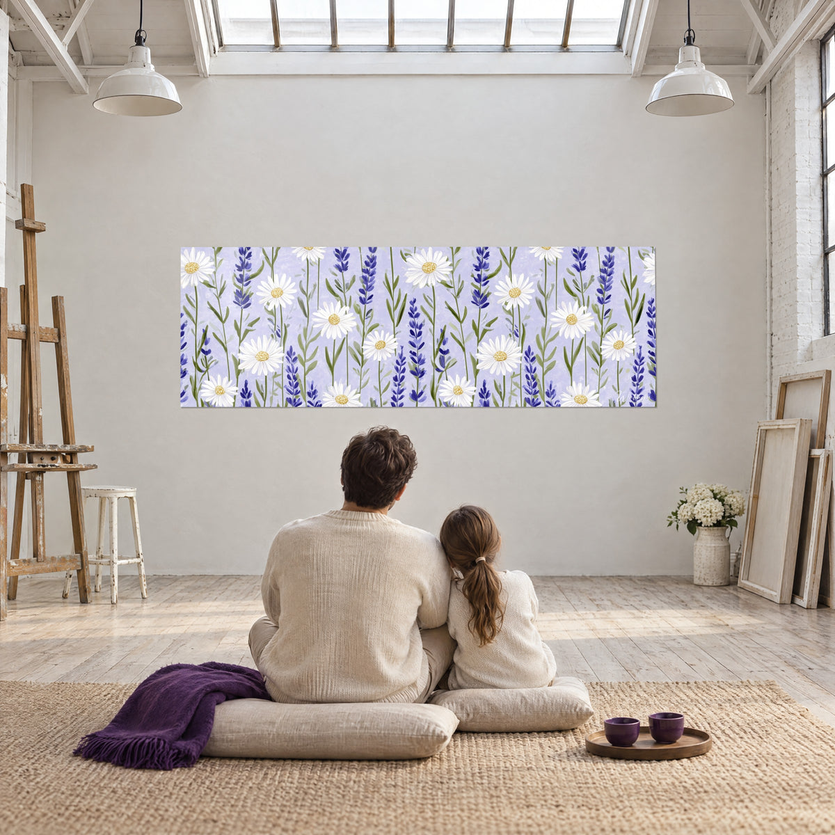 Cuadro con un ramo repetido de flores blancas y lavanda violeta sobre fondo lila, una pareja sentada de espaldas sobre un cojín, loft de artista