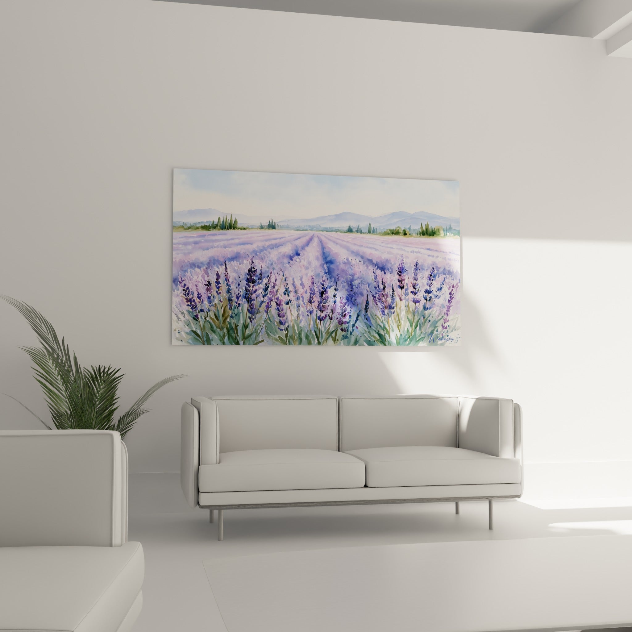 Champ de lavande violet et vert olive, disposé au-dessus d'un canapé dans un salon lumineux