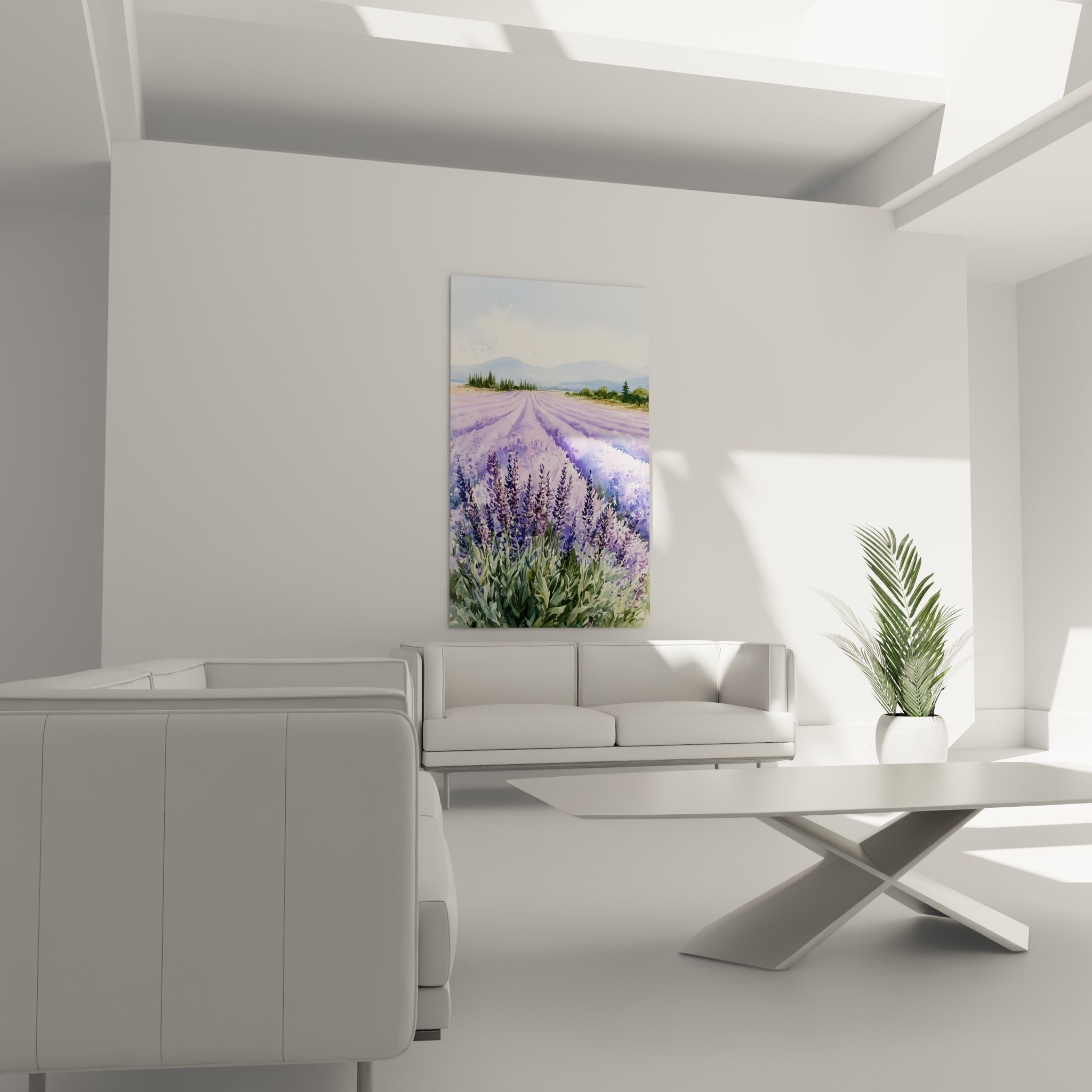 Rangs de lavande mauve et ocre disposés au-dessus d'un canapé dans un salon lumineux