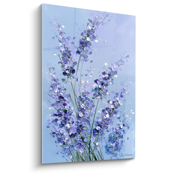 Tableau Épis violets et bleu ciel aux pétales éclatés - Empâtements floraux dispersés - Edition Lavande
