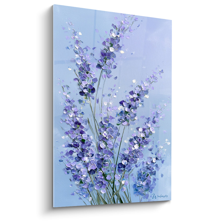 Tableau Épis violets et bleu ciel aux pétales éclatés - Empâtements floraux dispersés - Edition Lavande
