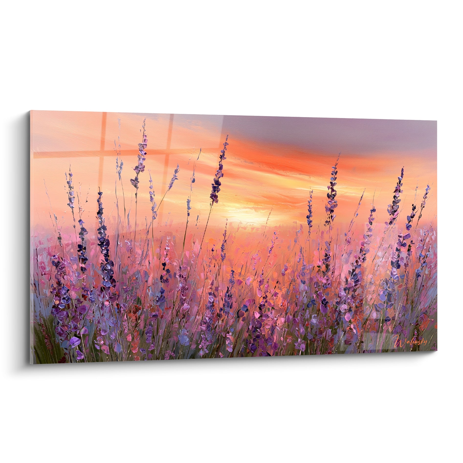 Lavande violette et ciel orangé peints au couteau dans un champ au crépuscule