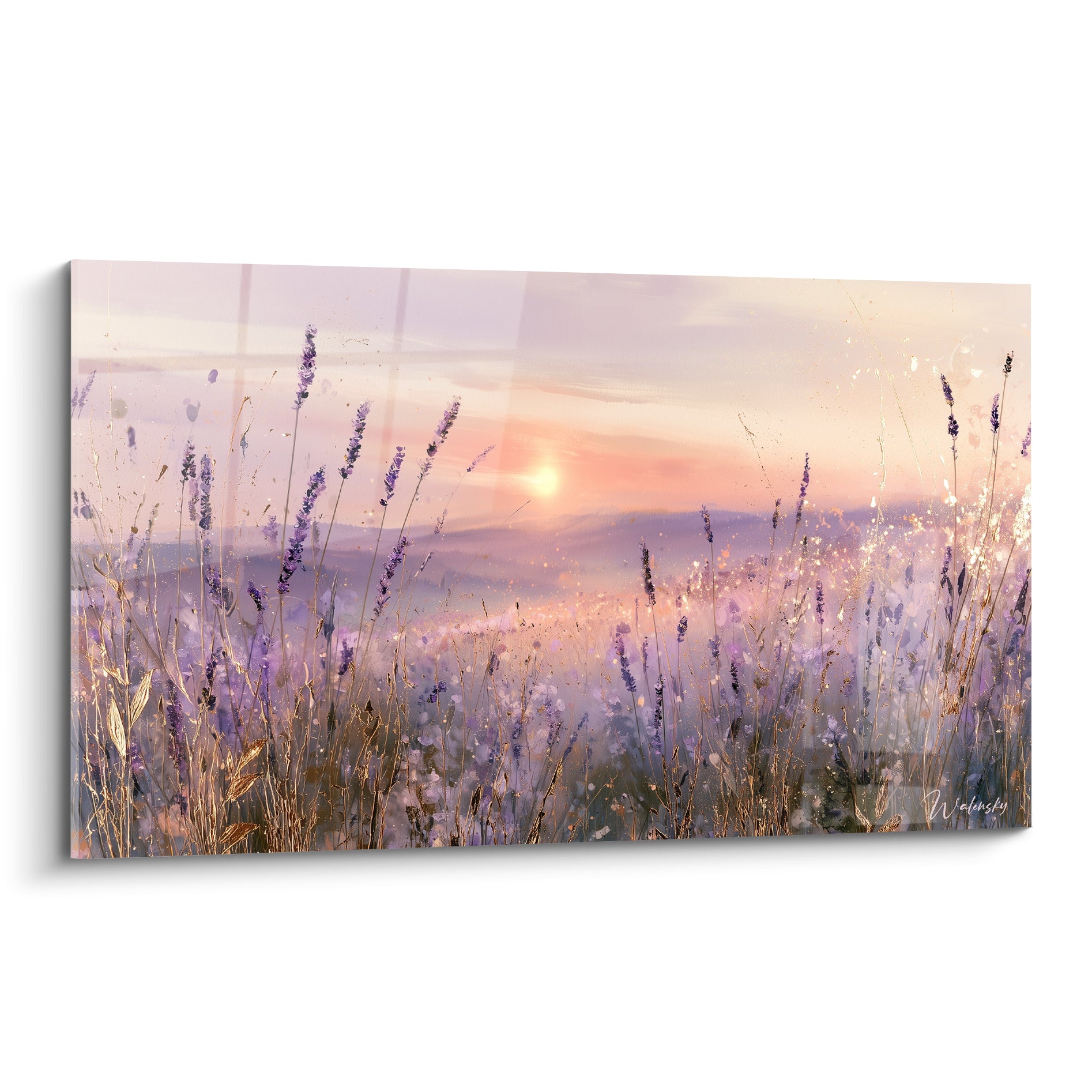 Champ de lavande violet et doré peint au coucher du soleil, épis fins et lumière chaude