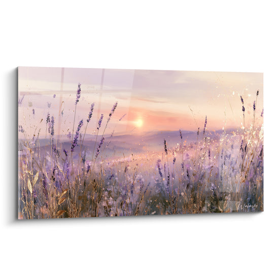 Champ de lavande violet et doré peint au coucher du soleil, épis fins et lumière chaude