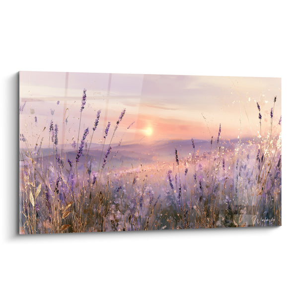 Tableau Épis violets et dorés vers un soleil pâle - Collines lointaines embrumées - Edition Lavande