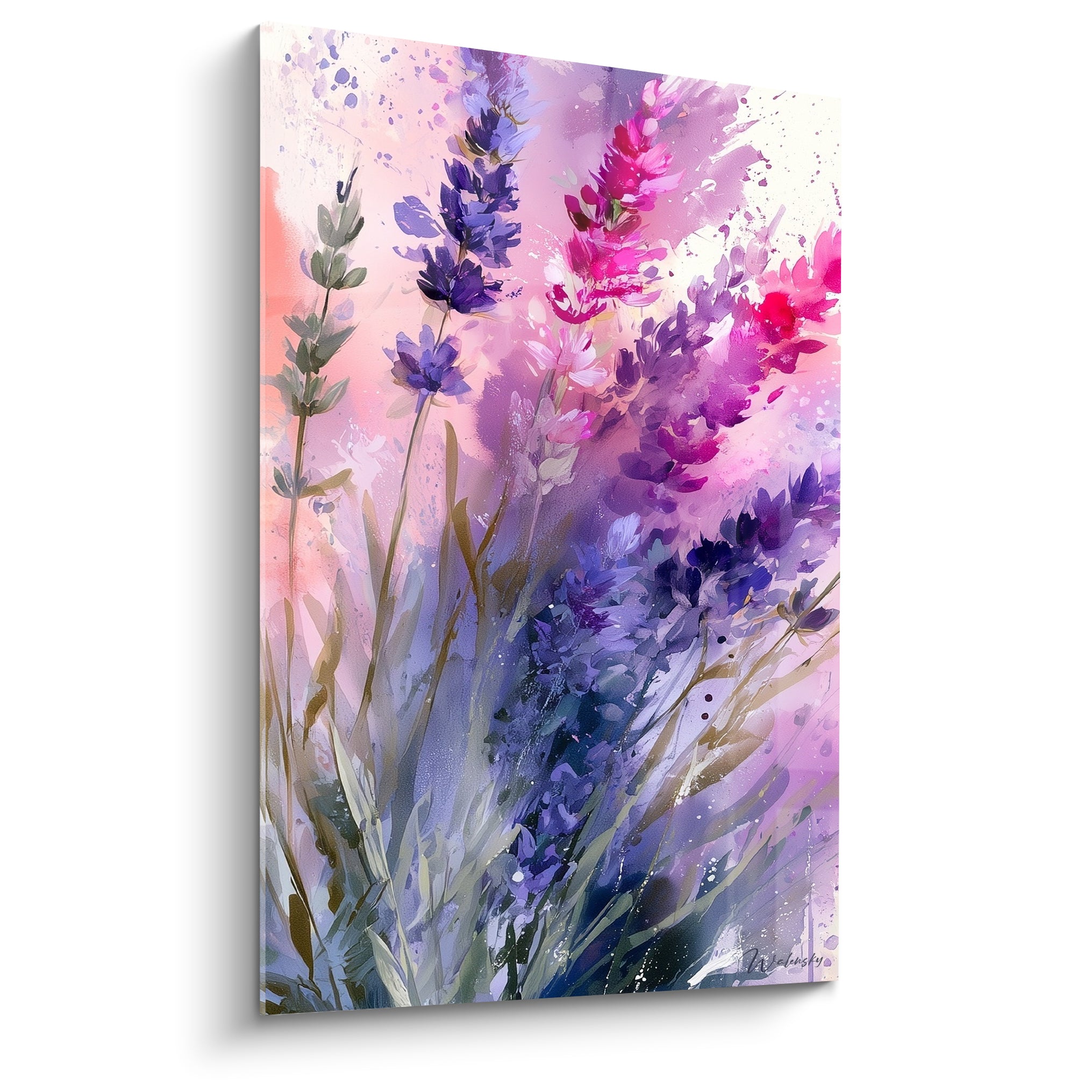 Lavande violette et fleurs fuchsia en aquarelle, fond rose et blanc éclaboussé de lumière