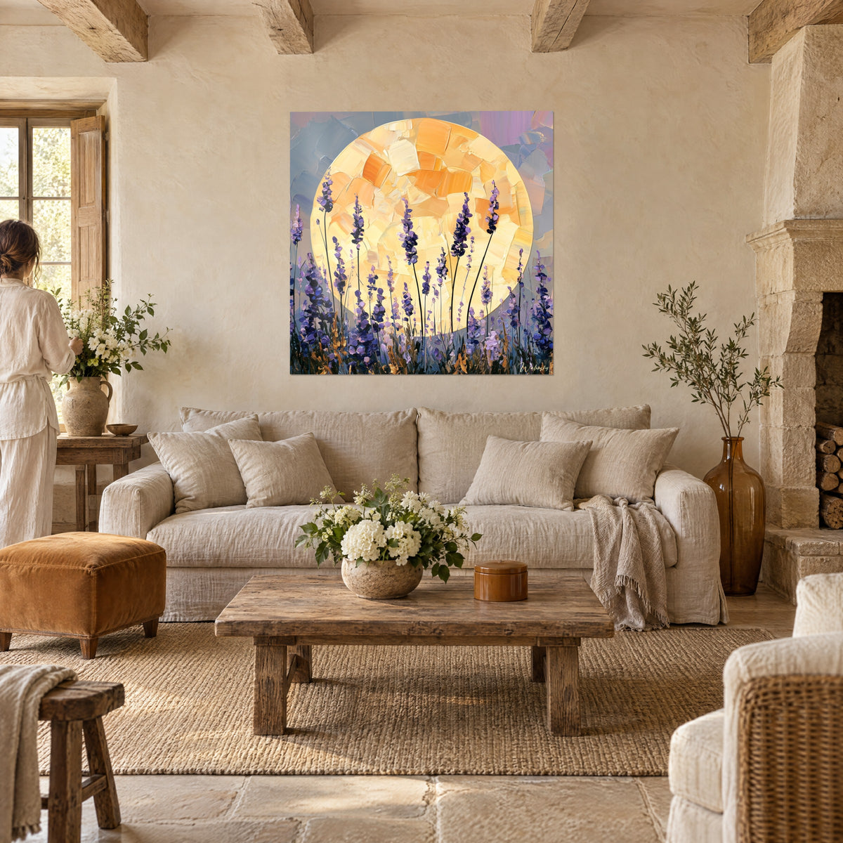 Wall art purple lavender under a large ochre sun with palette-knife strokes, above a sofa in a bright living room