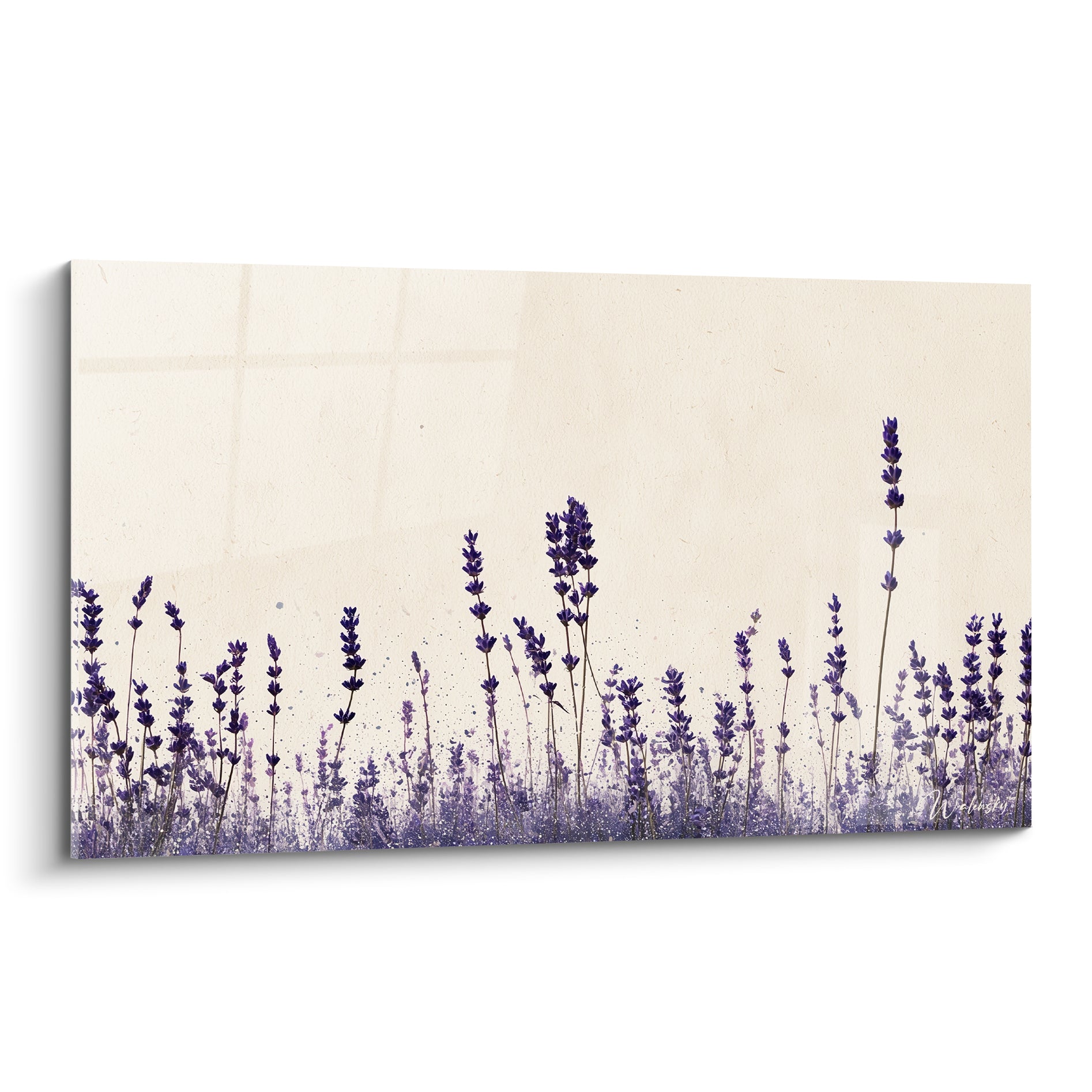 Épis de lavande violette et bleu marine sur fond ivoire texturé, style aquarelle botanique