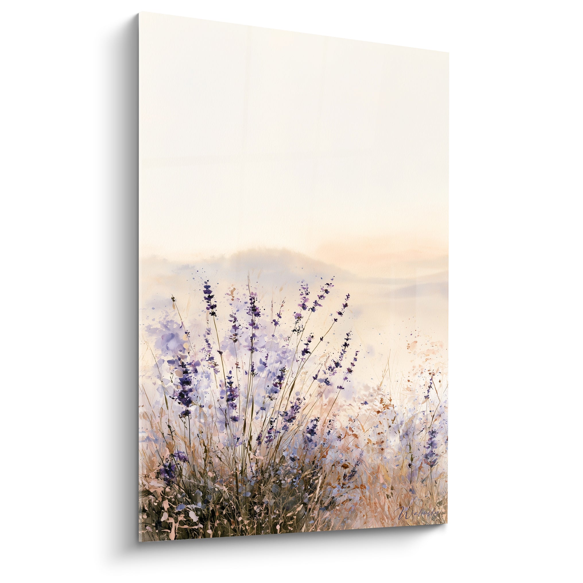 Lavande violette aux épis fins sur fond ocre et beige, style aquarelle douce et lumineuse