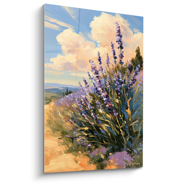 Tableau Épis violets et bleu ciel sous nuages cotonneux - Sentier sablonneux en bordure - Edition Lavande