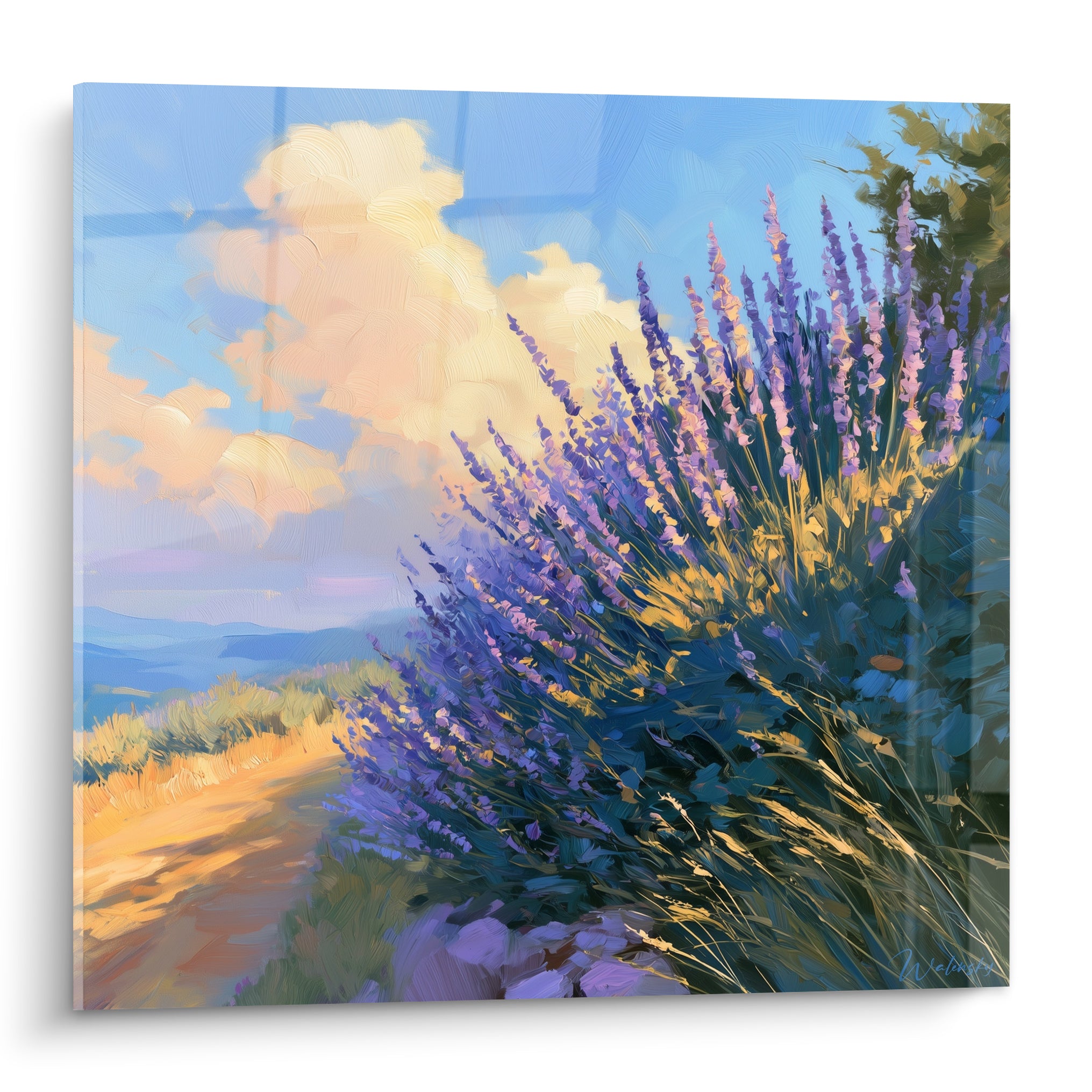 Lavande violette et dorée bordant un chemin de terre sous un ciel bleu pastel nuageux
