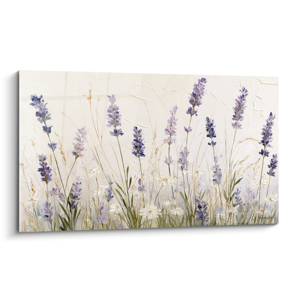 Tableau Épis violets et blancs sur fond ivoire texturé - Tiges dorées entremêlées - Edition Lavande