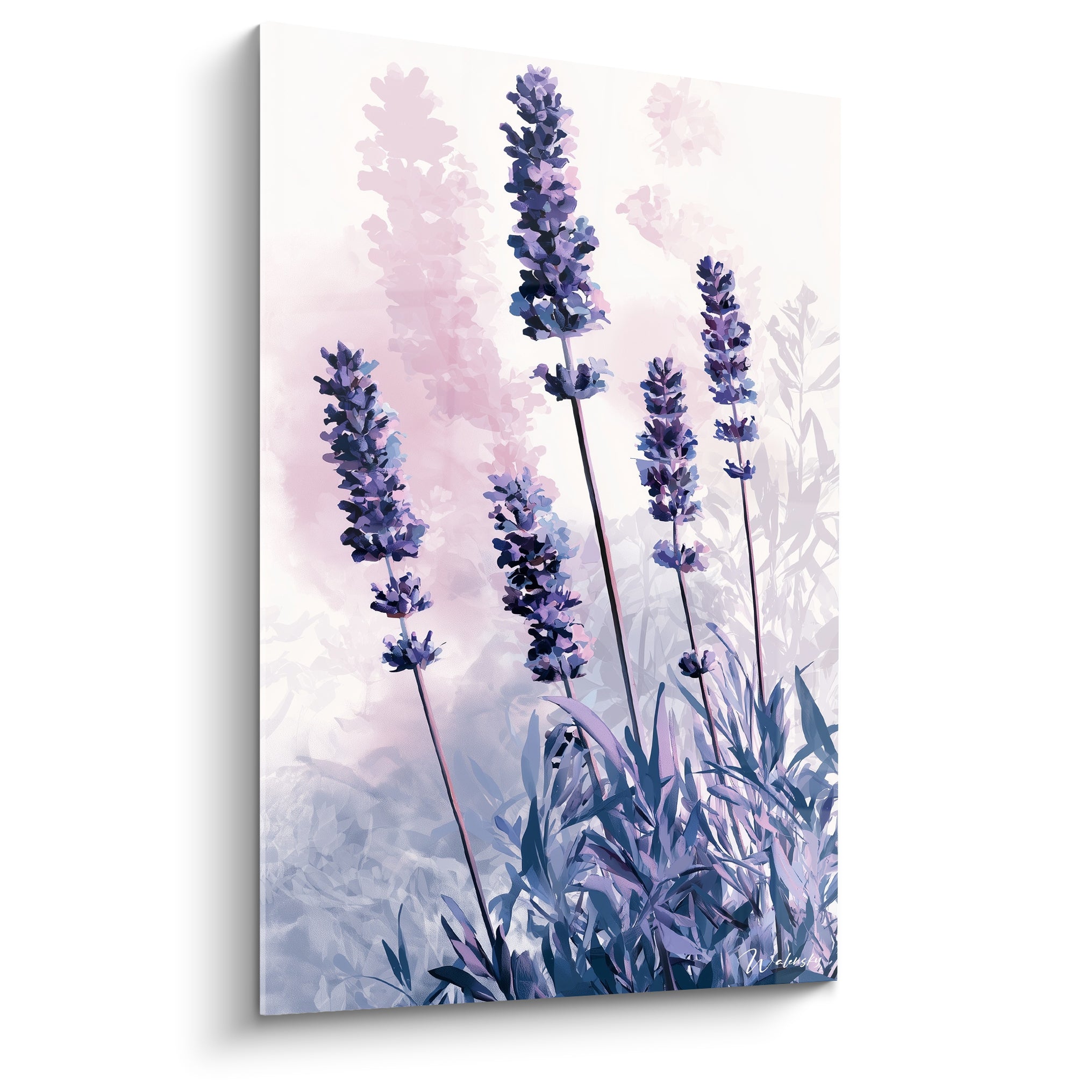 Lavande violette aux épis élancés sur fond rosé et bleuté, style aquarelle délicat