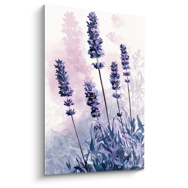 Tableau Épis violets et bleu ardoise aux feuilles longues - Silhouettes florales en fond estompé - Edition Lavande