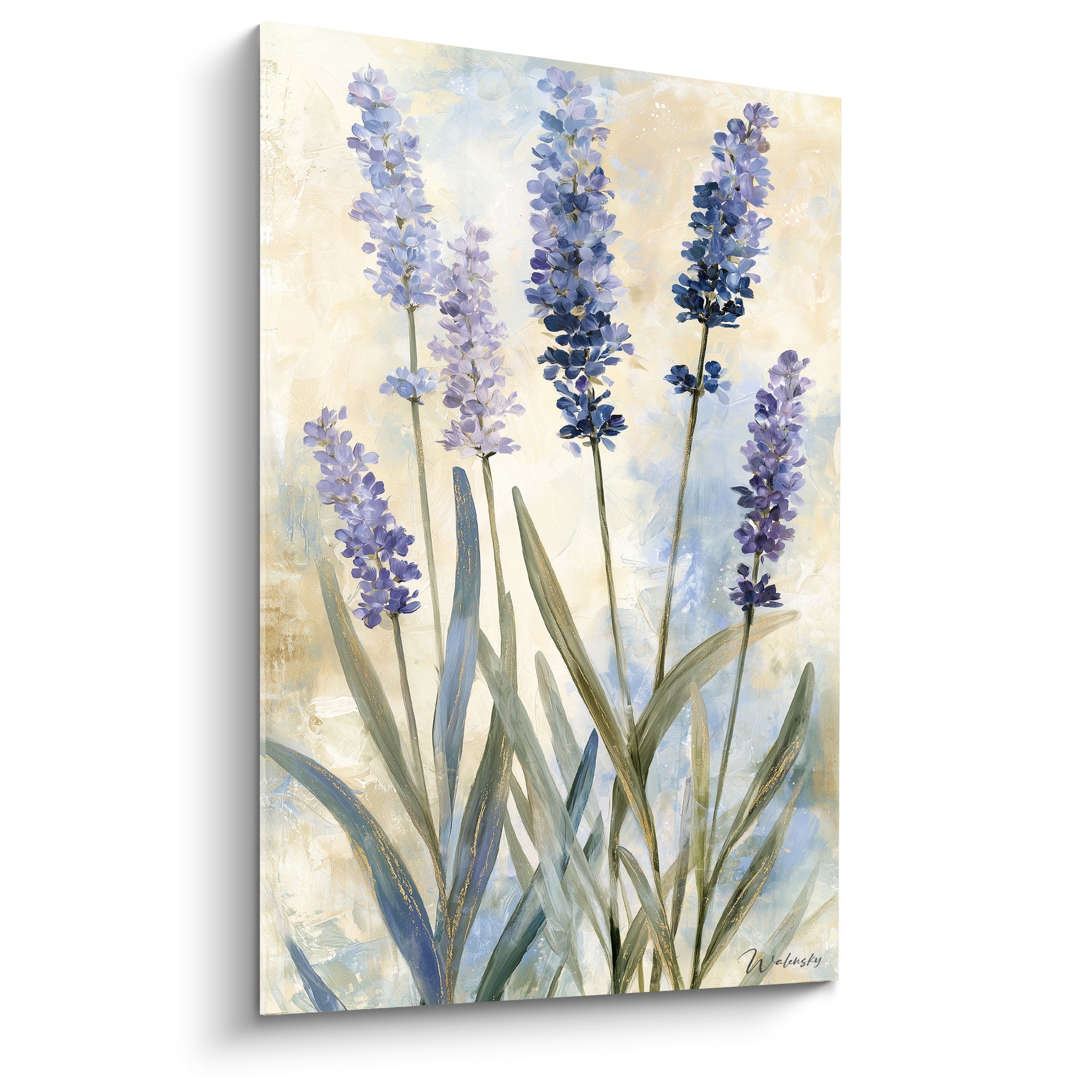 Épis de lavande violette et bleu indigo peints sur fond sable texturé façon aquarelle