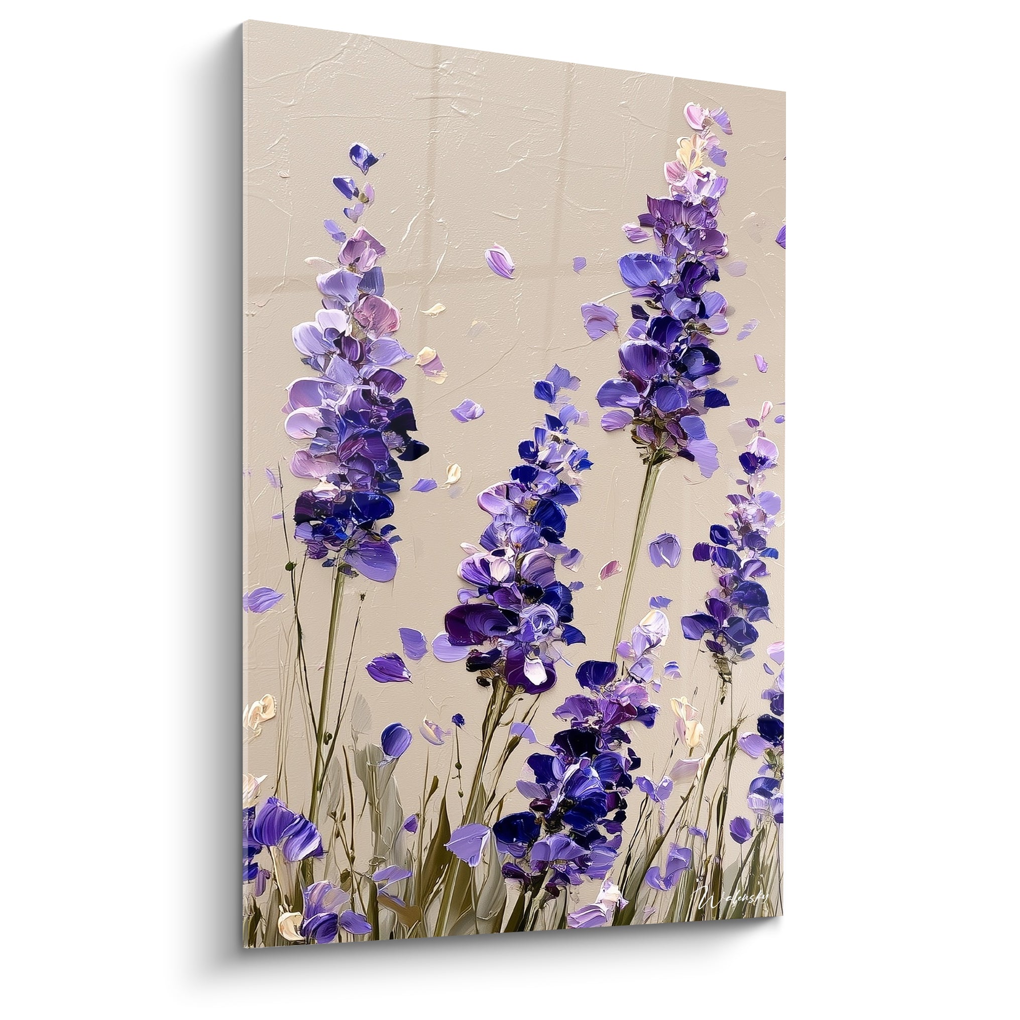 Lavande violette et beige aux pétales détachés, tableau peint en empâtements texturés