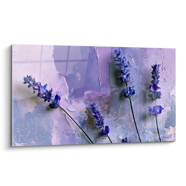 Tableau Épis bleu indigo et mauve sur mur écaillé - Peinture murale fissurée - Edition Lavande