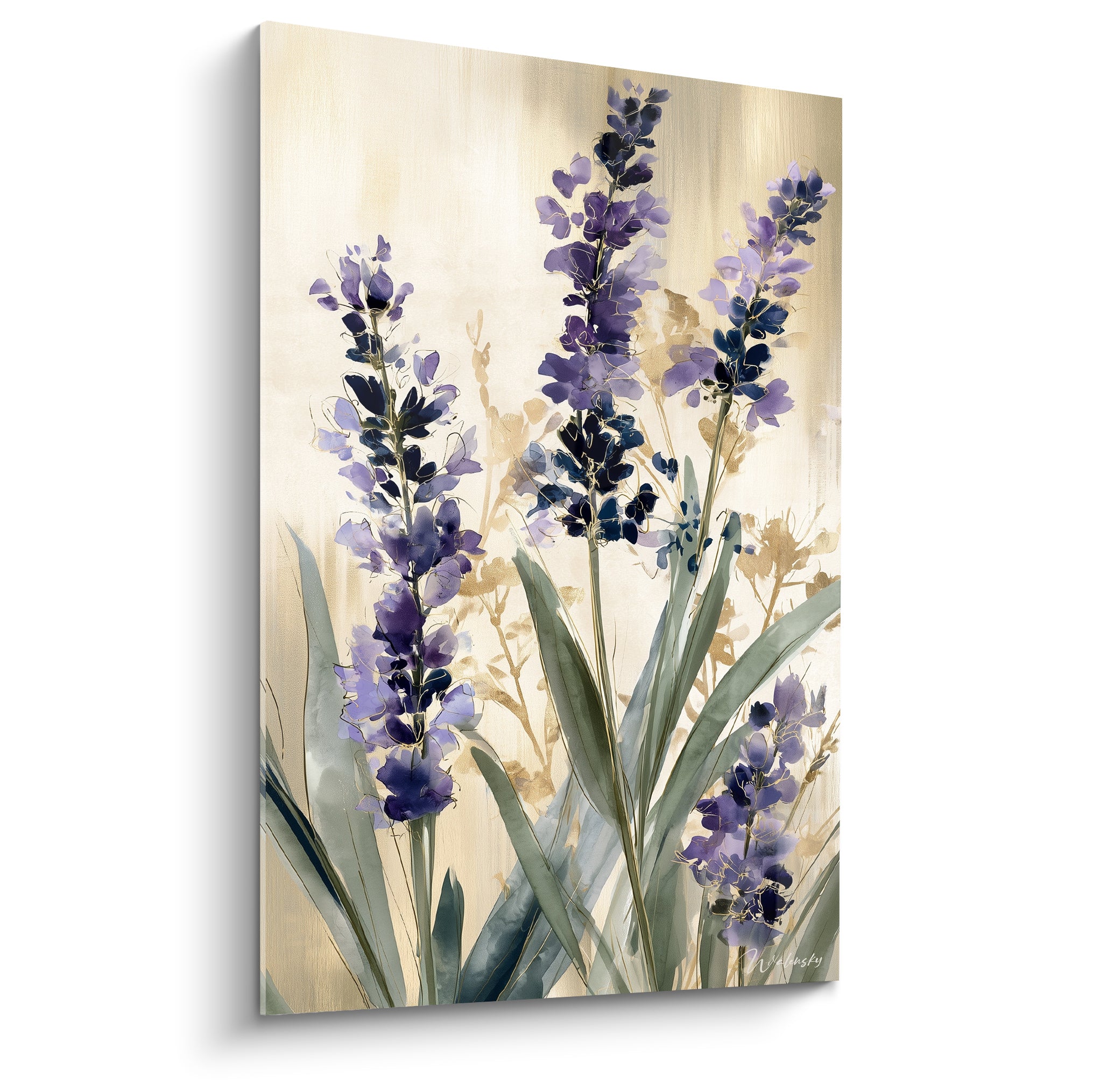 Épis de lavande violette et bleu marine peints en aquarelle sur fond doré chaleureux