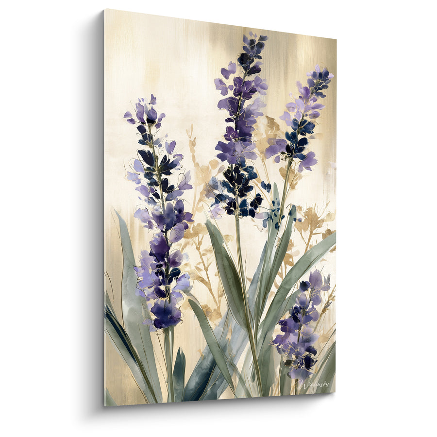 Tableau Épis violets et fond ivoire aux larges feuilles - Silhouettes végétales fantômes - Edition Lavande