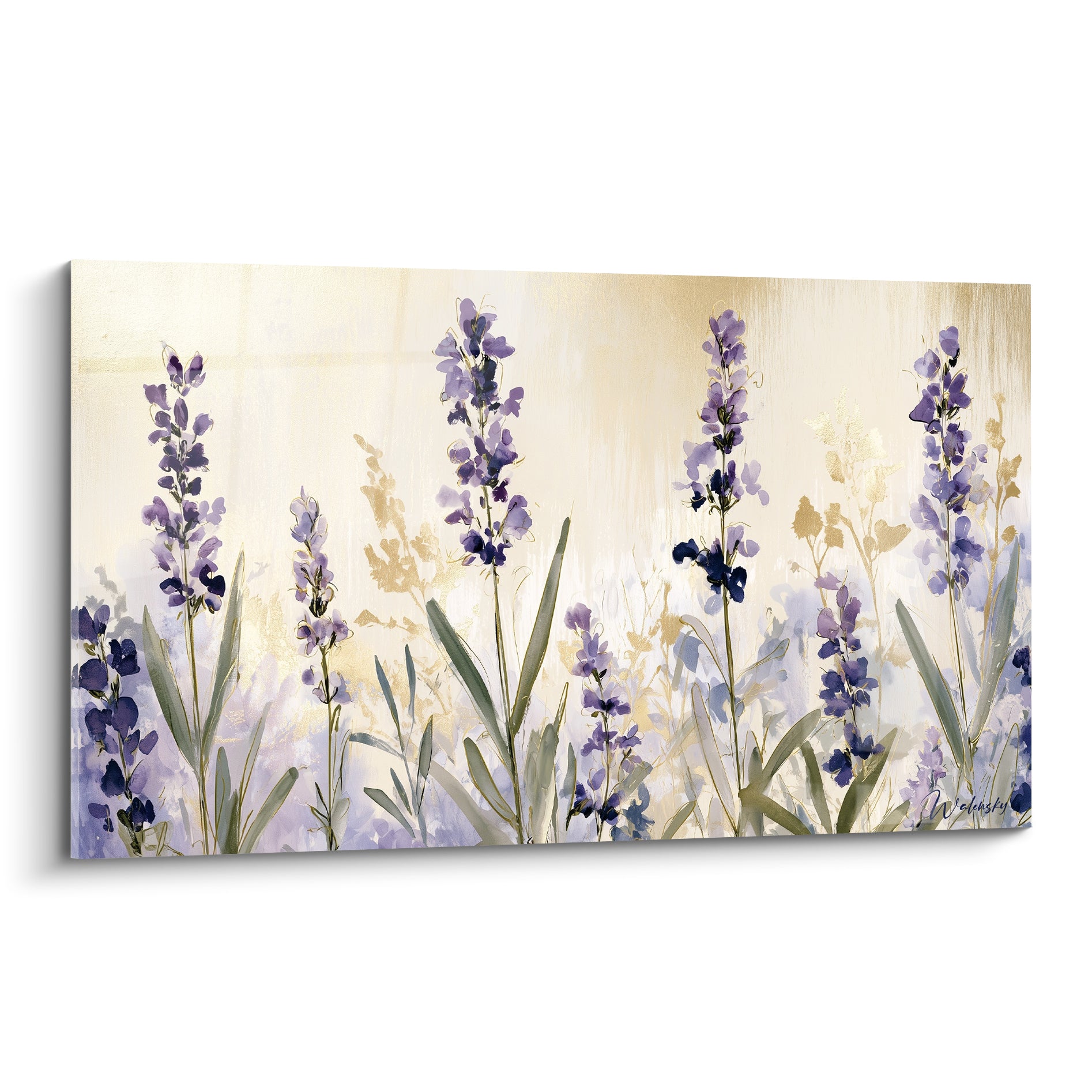 Lavande violette et mauve peinte en aquarelle sur fond doré aux reflets champêtres