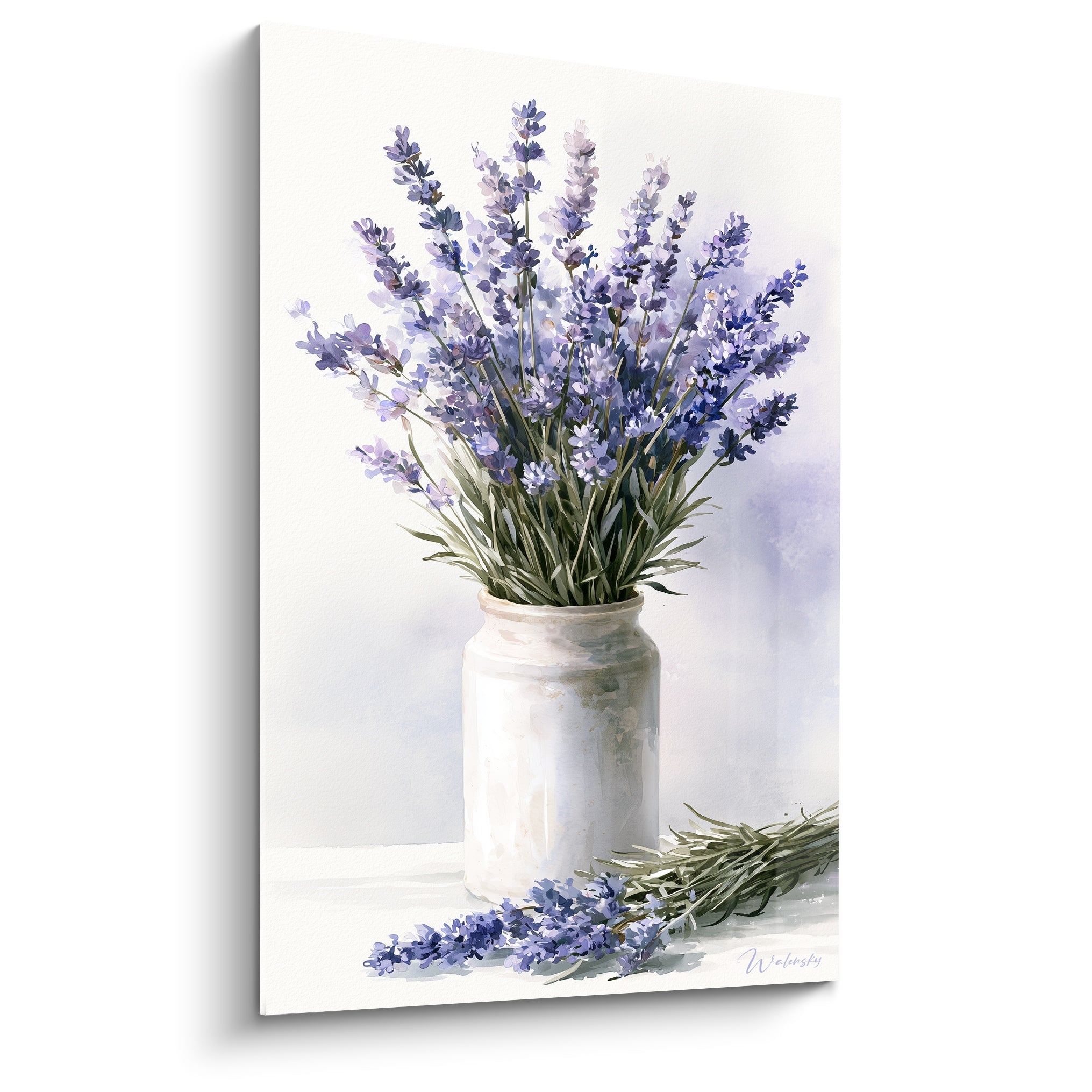 Bouquet de lavande violette dans une jarre blanche, style aquarelle sur fond gris clair