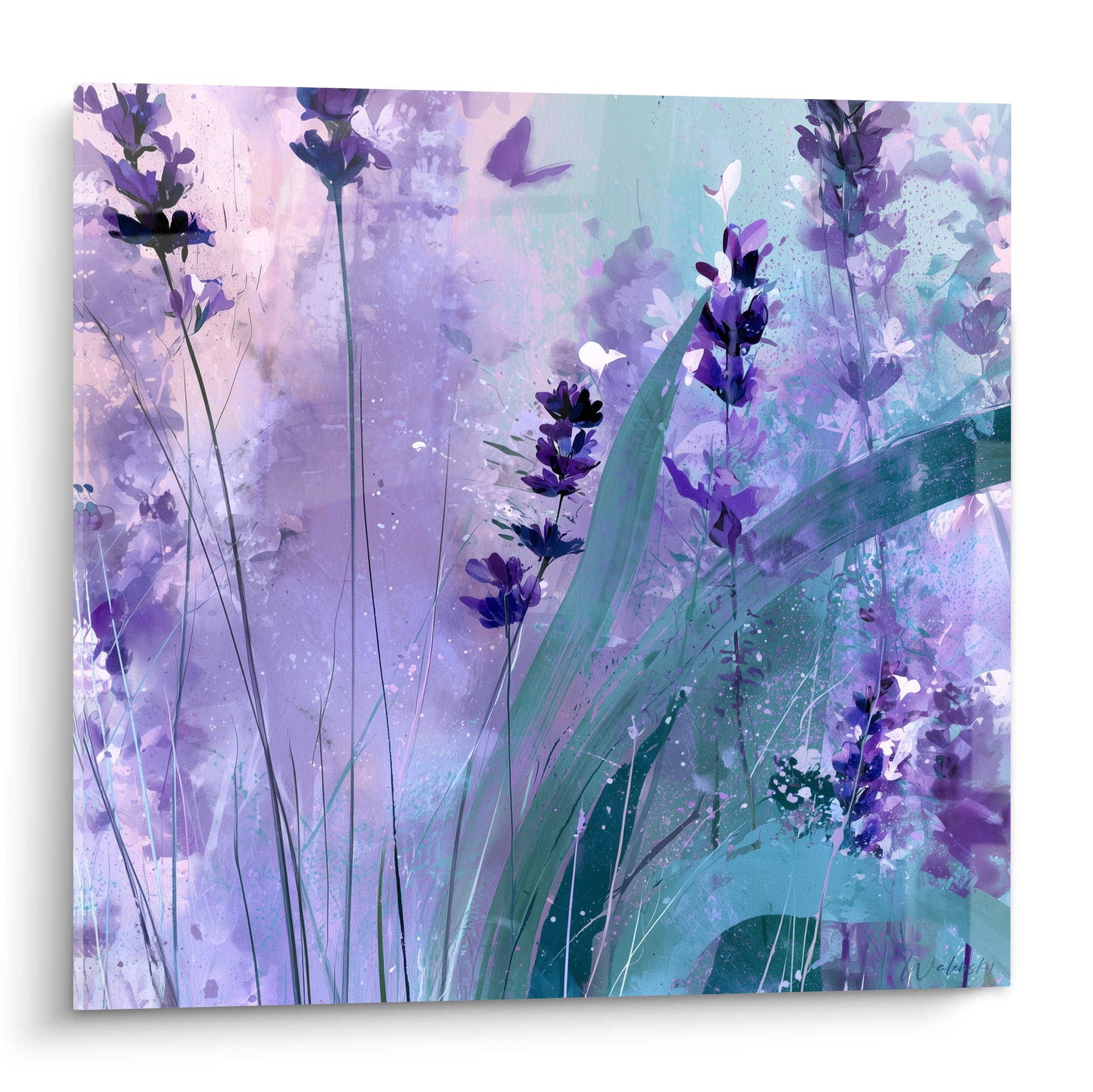 Lavande violette et bleu sarcelle en fleurs, papillon suspendu, style aquarelle lumineux