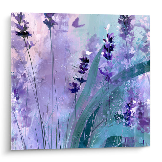 Lavande violette et bleu sarcelle en fleurs, papillon suspendu, style aquarelle lumineux