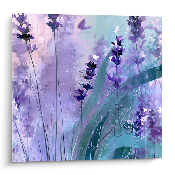 Tableau Épis violets et fond turquoise éclaboussé - Grande feuille courbée - Edition Lavande