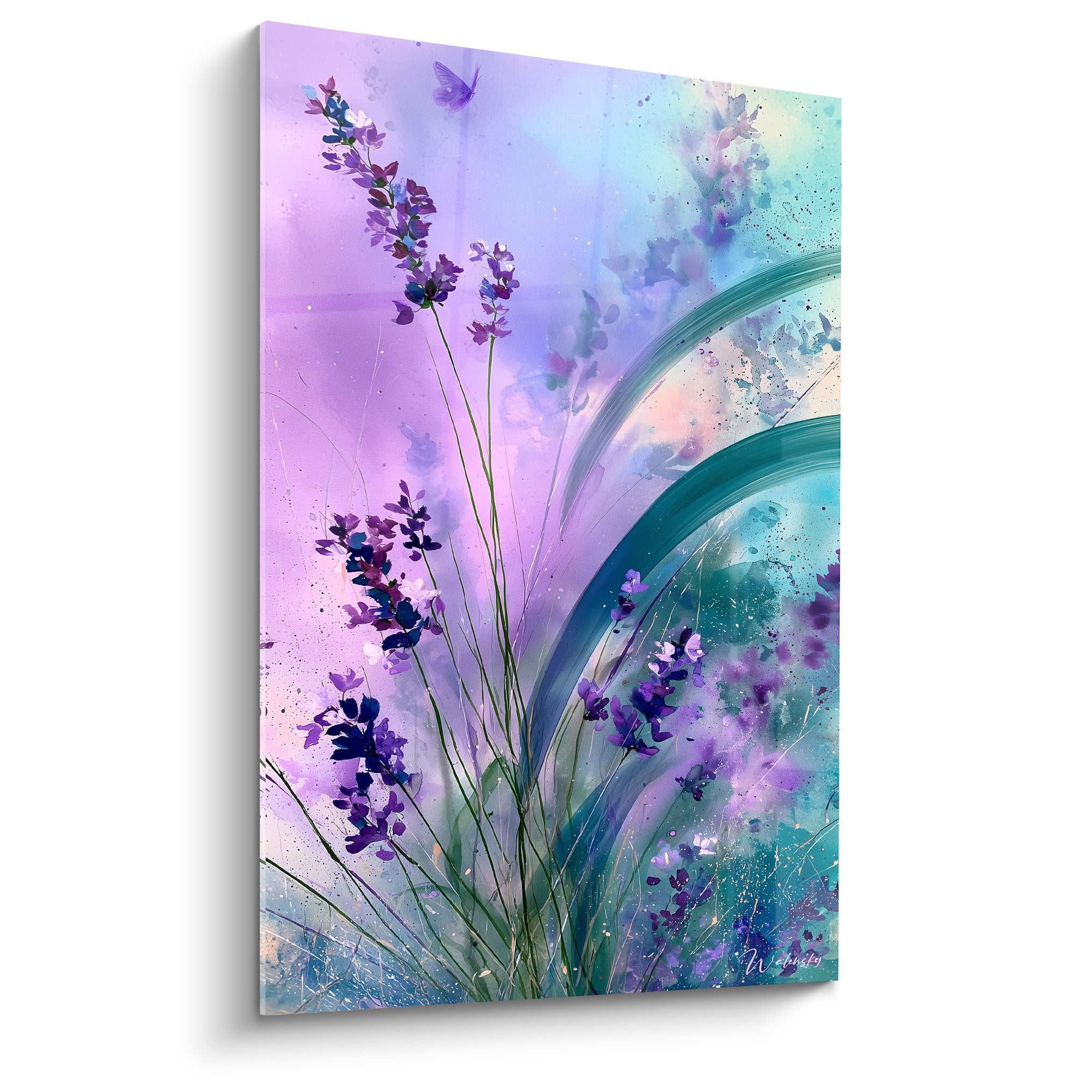 Lavande violette en fleur devant un fond dégradé mauve et sarcelle aux éclaboussures aquarelle