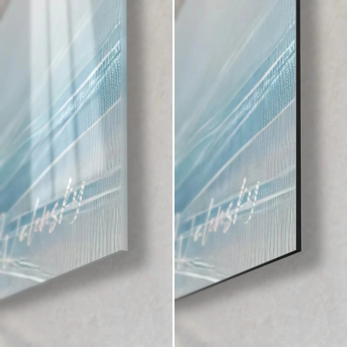 Quadro pinna di balena in azzurro cielo e bianco, angolo in basso a destra, firma Walensky, vetro lucido e Dibond nero opaco