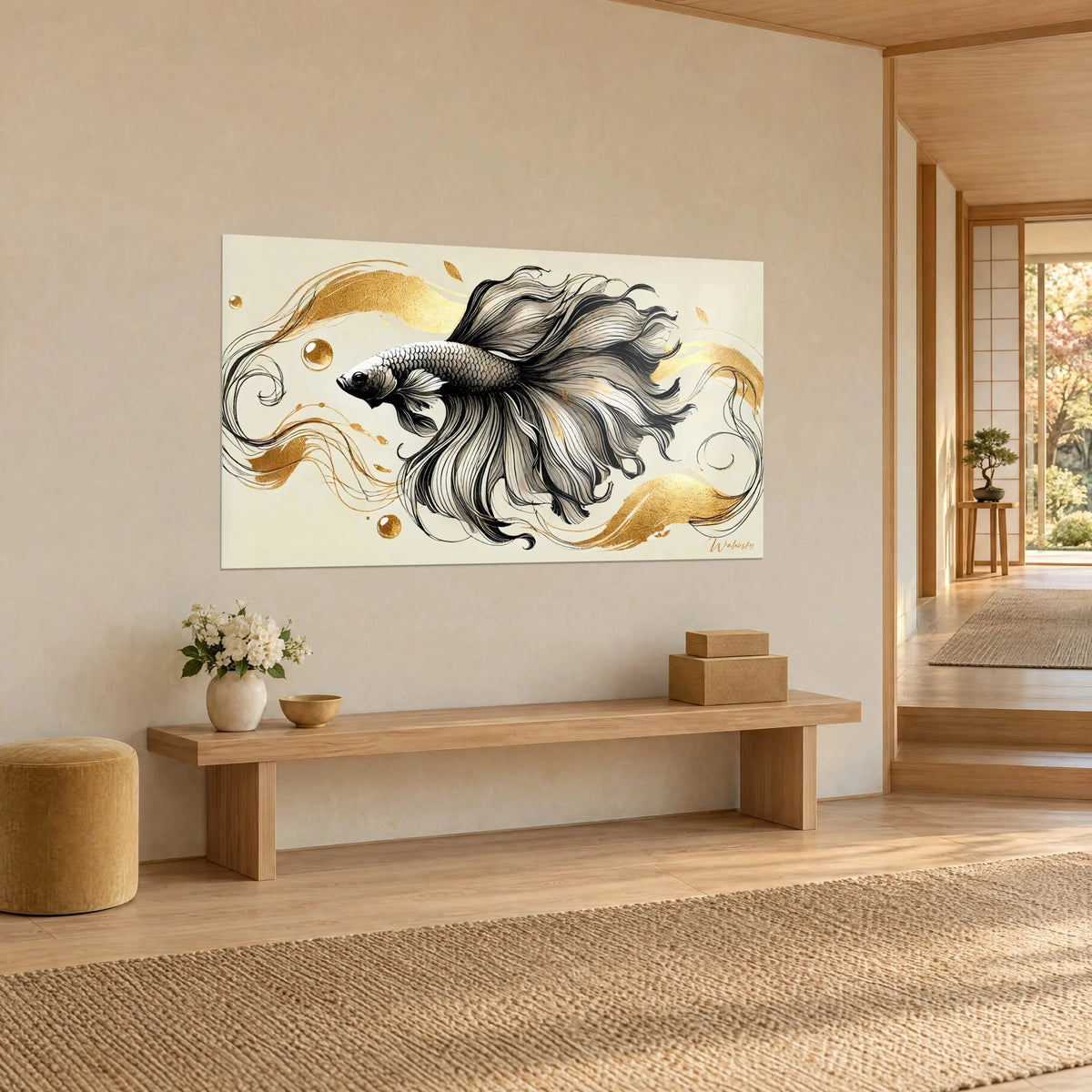Wall art of a betta fish with grey scales and a long, flowing tail, touches of hammered gold on cream, wall of a Japandi home