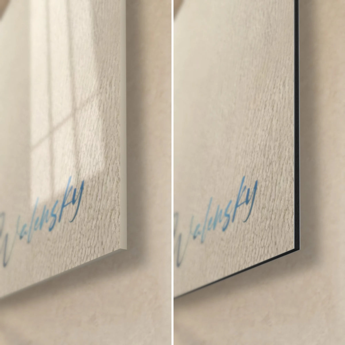 Gemälde Heiliger Büffel in Aquarell, untere rechte Ecke: glänzendes Acrylglas links, mattes beiges Dibond rechts, blaue Signatur