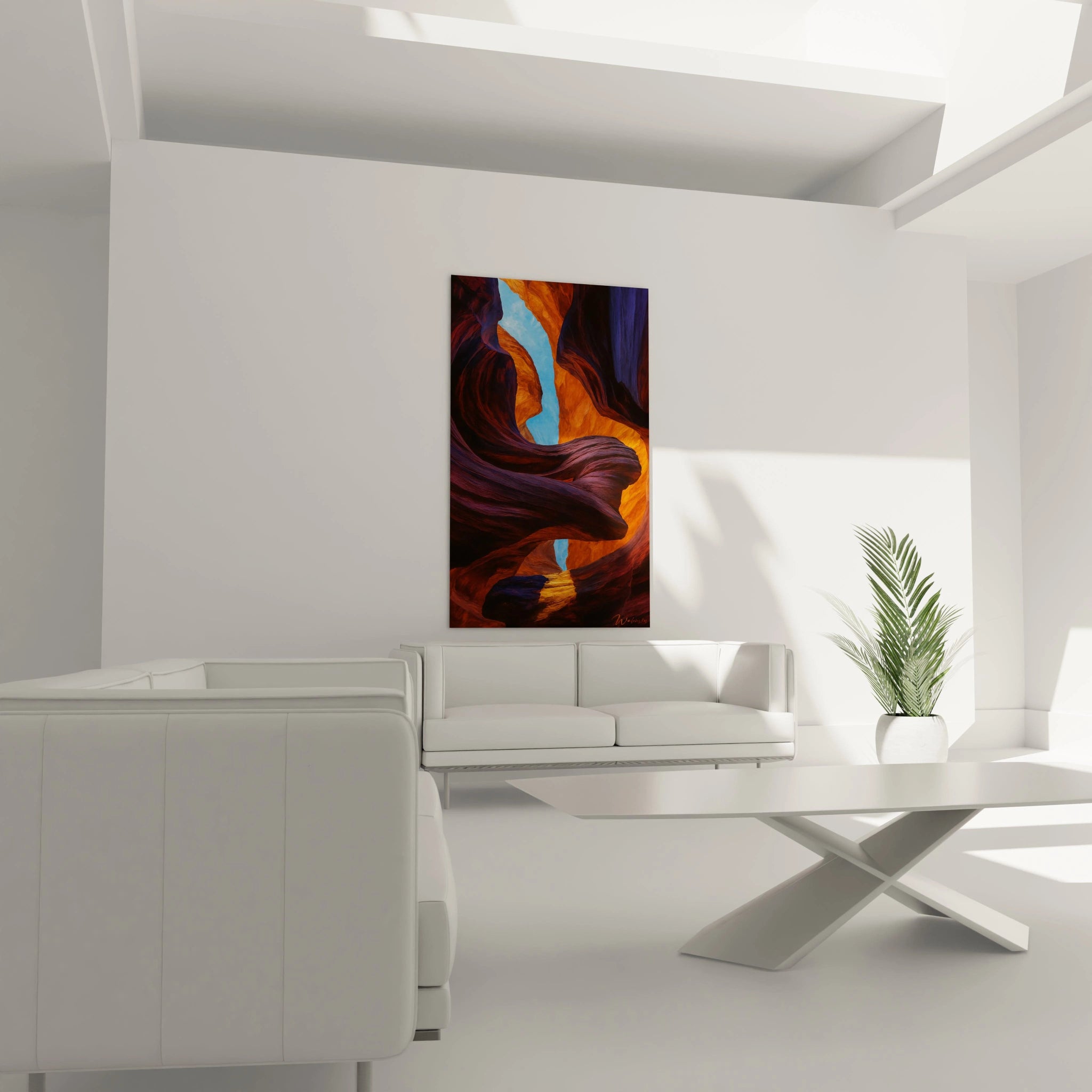 Un tableau canyon illustrant une perspective verticale à travers des parois rocheuses sinueuses, aux couleurs contrastées d'orange lumineux et de violet sombre, avec une percée de ciel bleu vif et des strates horizontales marquant les différentes couches géologiques.
